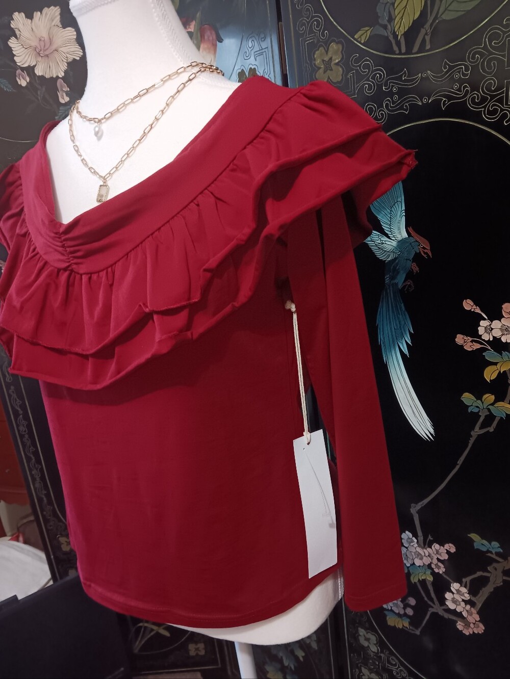Lumiere Ruffled Off-Shoulder Long Sleeve Top - Red